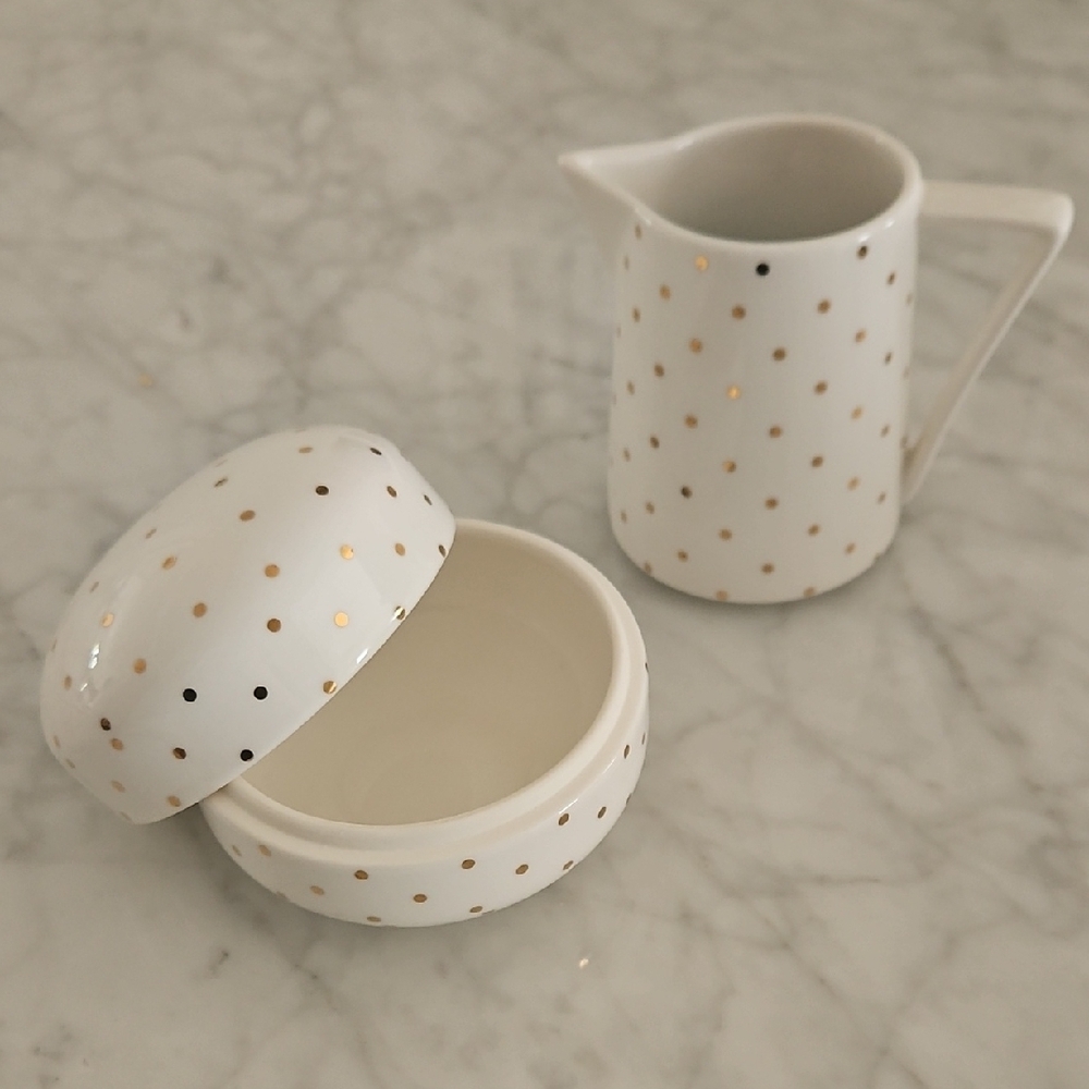 New Gold Polka Dot Creamer & Sugar Ceramic Set